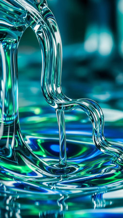 Clear liquid streams into a pool of turquoise and green water, creating dynamic ripples and reflections, a visual representation of fluid motion.の素材