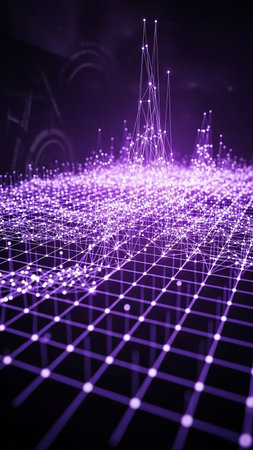 An abstract digital network of glowing purple dots and connecting lines forms a landscape against a dark background, suggesting data flow.の素材