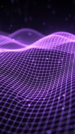 An abstract 3D digital rendering depicts glowing purple wireframe lines forming undulating waves and scattered light particles against a dark background.の素材