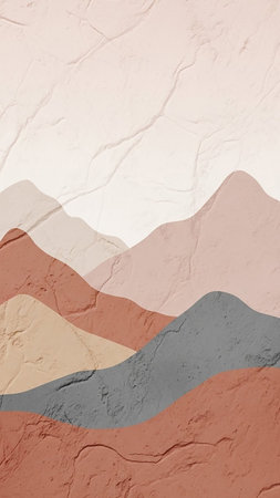 An abstract landscape featuring layered, soft mountain shapes in muted terracotta, beige, and grey tones, set against a textured, crumpled paper background.の素材