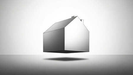 A minimalist 3D geometric house shape floats above a reflective surface, casting a distinct shadow below.の素材