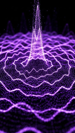 An abstract digital visualization depicts a vibrant purple energy pulse or sound wave radiating outwards in concentric ripples of glowing particles.の素材