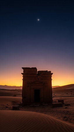 An ancient tomb structure stands in desert sands under a vibrant sunset sky with a crescent moon visible above.の素材