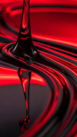An abstract swirl of glossy red and black liquid with a highly reflective surface creating dynamic patterns.の素材
