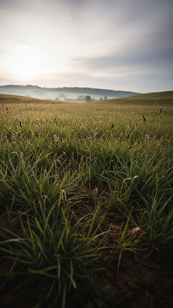 A close-up view of vibrant green grass and delicate wildflowers in a misty meadow, bathed in the soft light of sunrise, creating a serene and natural atmosphere.の素材