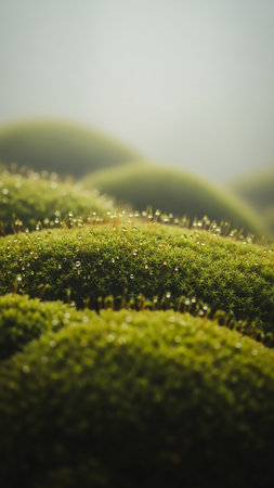 A detailed macro view of vibrant green moss covered in tiny dew drops, with a soft, foggy background creating a serene and tranquil atmosphere.の素材