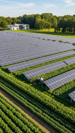 An aerial perspective of a vast solar farm with numerous panels, alongside agricultural fields and a distant modern house.の素材