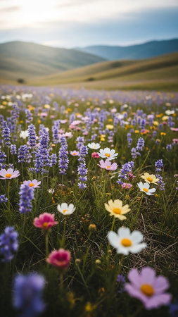 A close-up view of a vibrant wildflower meadow bursting with blooming purple lavender and daisy-like flowers in various colors, set against rolling hills.の素材