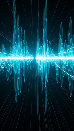 A brilliant cyan abstract sound waveform explodes with light streaks radiating outwards against a stark black background, symbolizing energy and sound.の素材