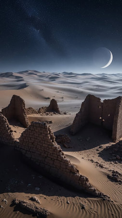 Ancient stone ruins are scattered across vast sand dunes under a starry night sky with a prominent crescent moon.の素材