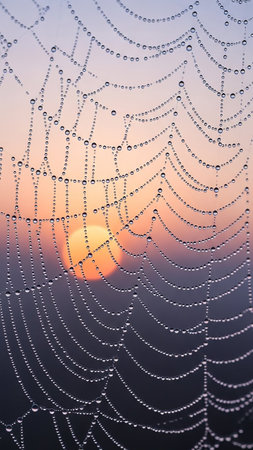Close-up of a delicate spiderweb covered in glistening dewdrops, with a soft orange and pink sunrise visible in the background.の素材
