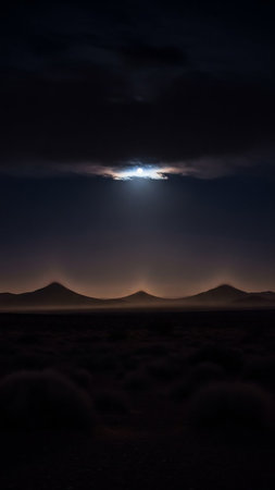 The moon shines through dark clouds, casting a subtle glow over the silhouetted peaks of distant mountains in a dark, atmospheric desert landscape.の素材