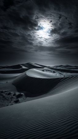 Dramatic desert sand dunes are cast in shadow and light under a moody, cloud-filled moonlit sky, creating a surreal landscape.の素材