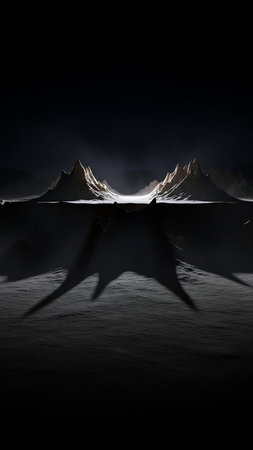 Stark, dramatic mountain peaks are dramatically illuminated by a spotlight effect in a dark, barren landscape with long shadows.の素材
