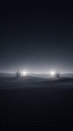 An eerie desert landscape at night features two distant, glowing lights and sparse, skeletal plants silhouetted against a dark, star-speckled sky.の素材