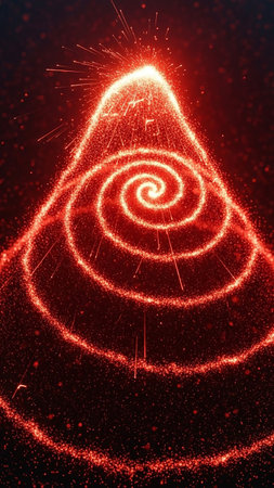 A dynamic abstract shape resembling a Christmas tree formed from a fiery red spiral of glowing particles and sparks against a dark background.の素材