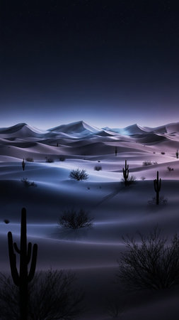 Rolling desert dunes cast in purple and blue twilight hues with silhouetted saguaro cacti and sparse vegetation under a dark, starry sky.の素材
