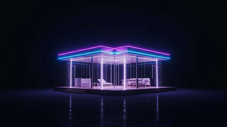 A futuristic glass pavilion with purple and blue neon lights illuminates modern furniture inside, set against a dark, reflective background.の素材