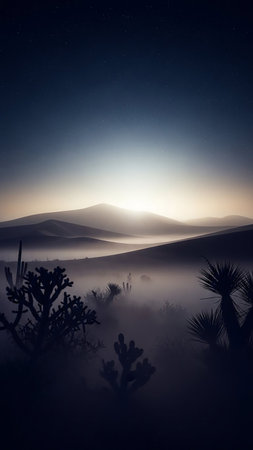 A mystical desert scene at twilight with silhouetted cacti and rolling sand dunes shrouded in fog under a starry night sky.の素材