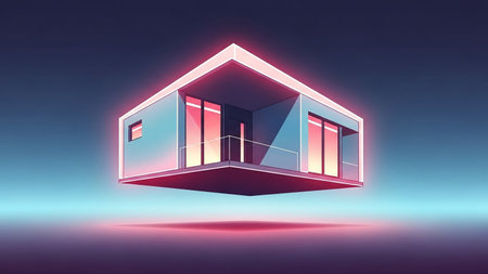 A minimalist, modern house floats in a surreal, glowing twilight sky with neon pink and blue light reflecting on its surfaces.の素材