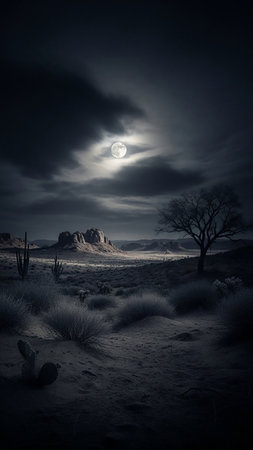 A dramatic desert scene at night illuminated by a bright full moon, with silhouetted trees and cacti under a cloudy sky.の素材