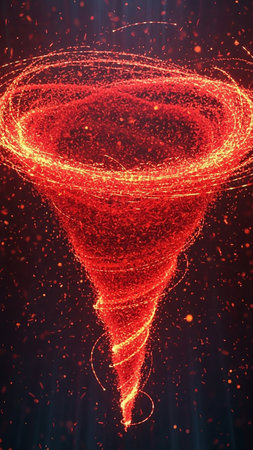 A vibrant red tornado vortex made of glowing particles swirls intensely against a dark, speckled background with scattered light specks.の素材