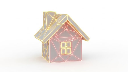 A geometric low-poly house icon with a glowing yellow and red neon outline, presented on a clean white background.の素材