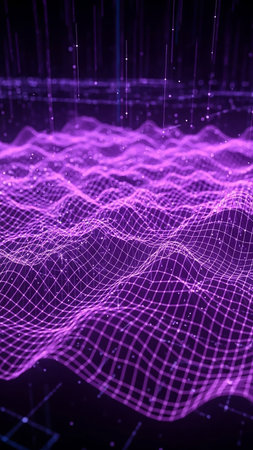 A futuristic purple wireframe grid forms a landscape with glowing particles and vertical lines, suggesting a digital or data-driven environment.の素材