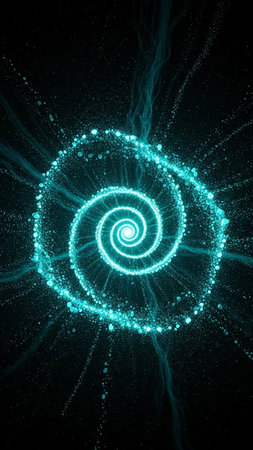 A luminous cyan spiral nebula with glowing particles and ethereal streaks against a dark, starry background.の素材