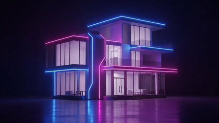 A modern, multi-story house illuminated by vibrant neon blue and pink lights against a dark background, reflecting on a glossy surface.の素材