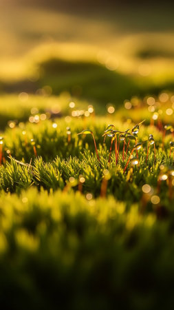 A macro shot of vibrant green moss covered in sparkling dew drops, illuminated by warm golden sunlight creating a soft bokeh effect.の素材
