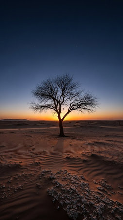 A solitary, bare tree stands silhouetted against a vibrant sunset in a desert landscape with rippling sand dunes and a clear sky.の素材