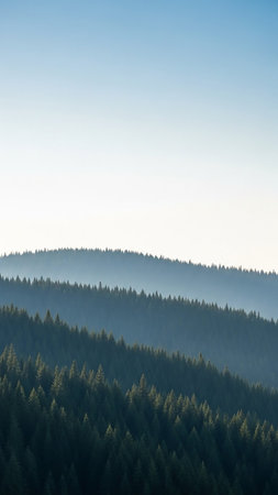 Multiple layers of dark green forested mountain ridges recede into the distance, softened by atmospheric haze against a clear, pale blue sky.の素材
