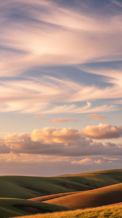 Gently rolling green hills bathed in the warm, golden light of sunrise or sunset, with soft, wispy clouds in the pastel sky.の素材