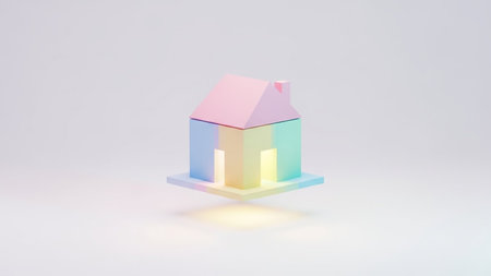 A small, stylized house with pastel pink, blue, green, and yellow walls floats above a softly glowing platform against a clean, white background.の素材