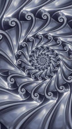 A detailed abstract image of a metallic silver fractal spiral with intricate swirling patterns and highly reflective surfaces creating a mesmerizing effect.の素材