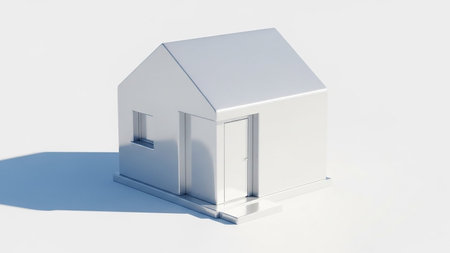 A small, minimalist white house with a single window and door is rendered in 3D on a clean white background with a subtle shadow.の素材