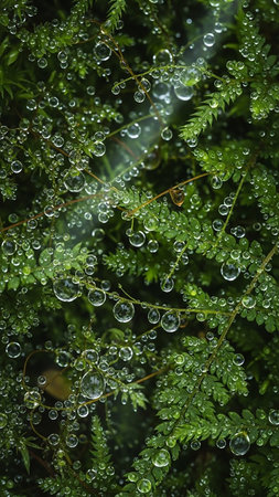 A close-up, macro view of vibrant green fern fronds covered in numerous clear water droplets, glistening after rain.の素材