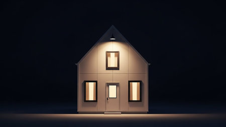 A minimalist modern house stands in darkness, illuminated by a warm light emanating from its windows and a single roof lamp.の素材