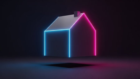 A minimalist 3D house outline with glowing neon blue and pink edges, floating above a dark surface with a subtle shadow.の素材