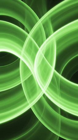 Abstract intertwining luminous neon green curves and rings form a symmetrical pattern against a dark background.の素材