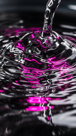 Extreme close-up of a water splash with intense pink neon light reflecting on the dark, glossy liquid surface, showing ripples and bubbles.の素材