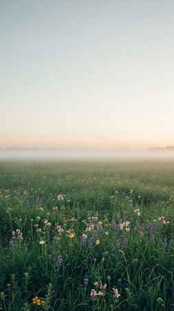 A misty meadow filled with green grass and colorful wildflowers is bathed in the soft, hazy light of early morning.の素材