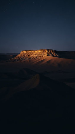 A flat-topped mesa is bathed in warm golden light from a setting sun, casting long shadows across the dark desert landscape under a deep blue, star-filled sky.の素材
