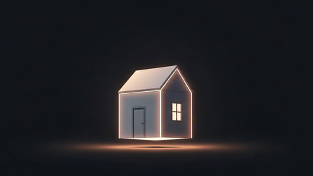A simple 3D house icon with a glowing orange outline floats against a dark, minimalist background.の素材