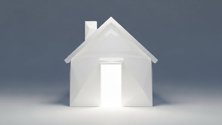 With showing minimalist white house silhouette with brightly lit doorway and chimney keywords: house, home, building, architecture, real estate, property, dwelling, residential, structure,...の素材