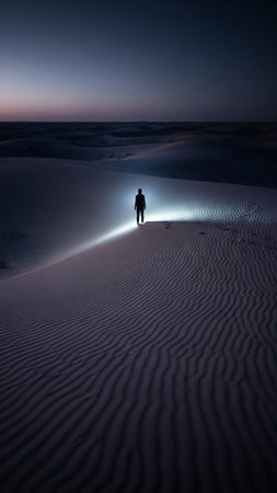 A solitary figure stands in a vast desert, illuminated by a bright light, creating a stark contrast against the dark twilight sky.の素材