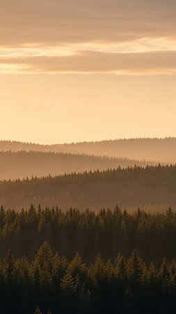 A serene landscape of layered pine forests is bathed in the warm, soft light of golden hour, with mist and haze creating a tranquil, atmospheric view.の素材