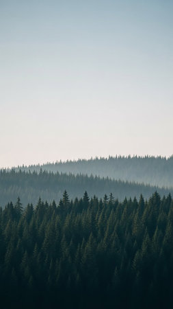 Layers of dense evergreen forests stretch across misty mountain ranges, fading into a hazy sky, creating a serene and atmospheric landscape.の素材