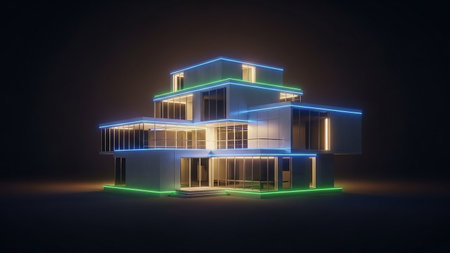 A modern, multi-level house with large windows is illuminated by vibrant blue and green neon lights against a dark background.の素材